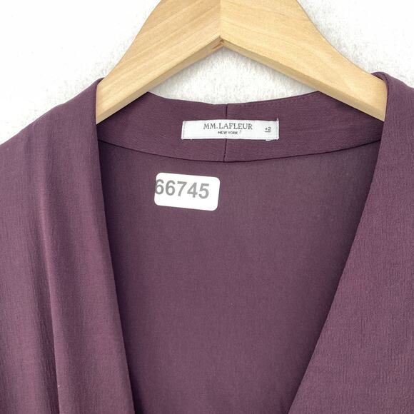 M.M LAFLEUR Blouse 2 Crepe Faux Wrap Deneuve Stretch Draped Long Sleeve Purple - Picture 10 of 10
